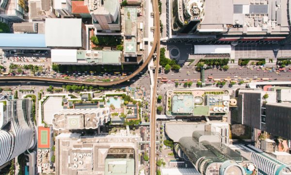 Bird's eye view of busy, developed city